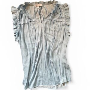 Satin Soft Sleeveless Ruffle-Trim Light Blue Blouse with Tie front Frilly Ruffle